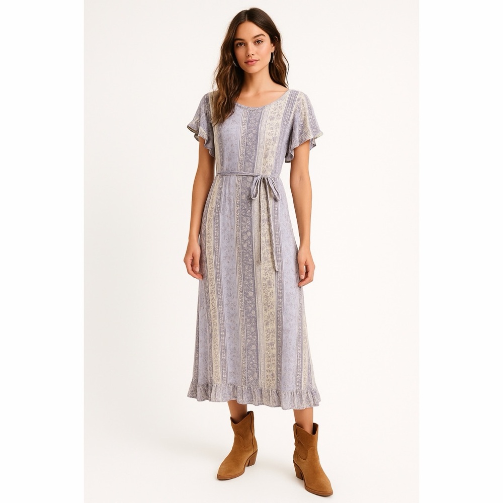 bohme Patchwork Floral
Printed Flutter Sleeve Midi
Dress with Tie